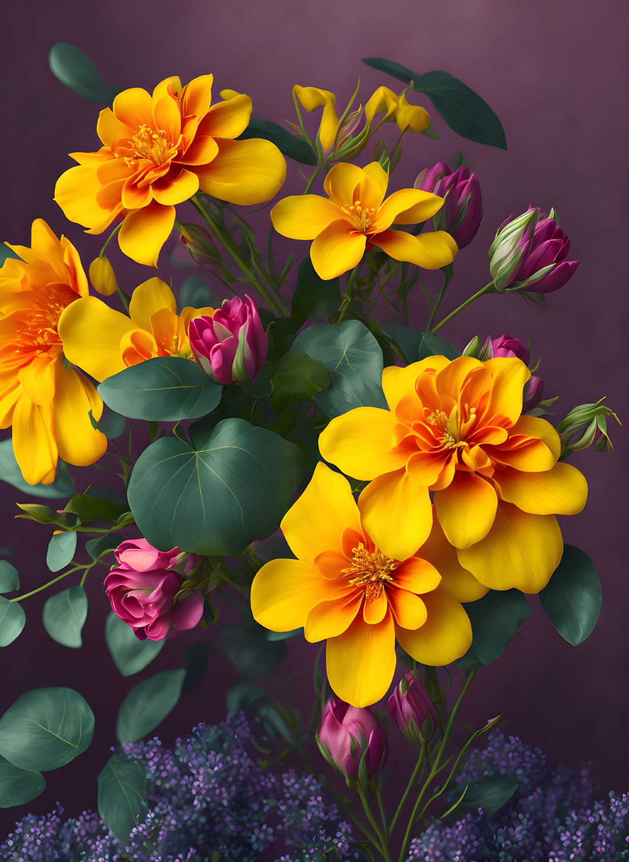Colorful bouquet of yellow blooms, purple tulips, and green leaves on purple background