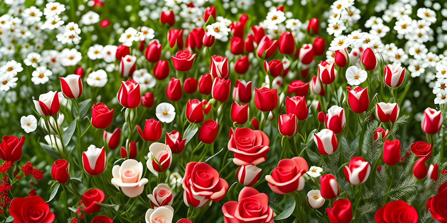 Colorful tulips and baby's breath in vibrant garden display