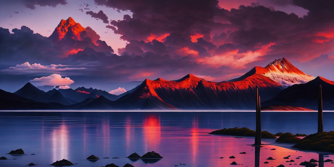 Scenic sunset over calm lake with silhouetted mountains