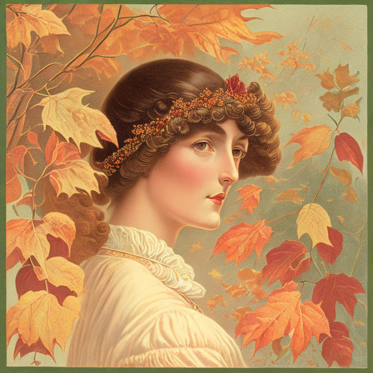 Vintage Portrait: Woman with Autumn Leaves Background and Red Berries Headpiece