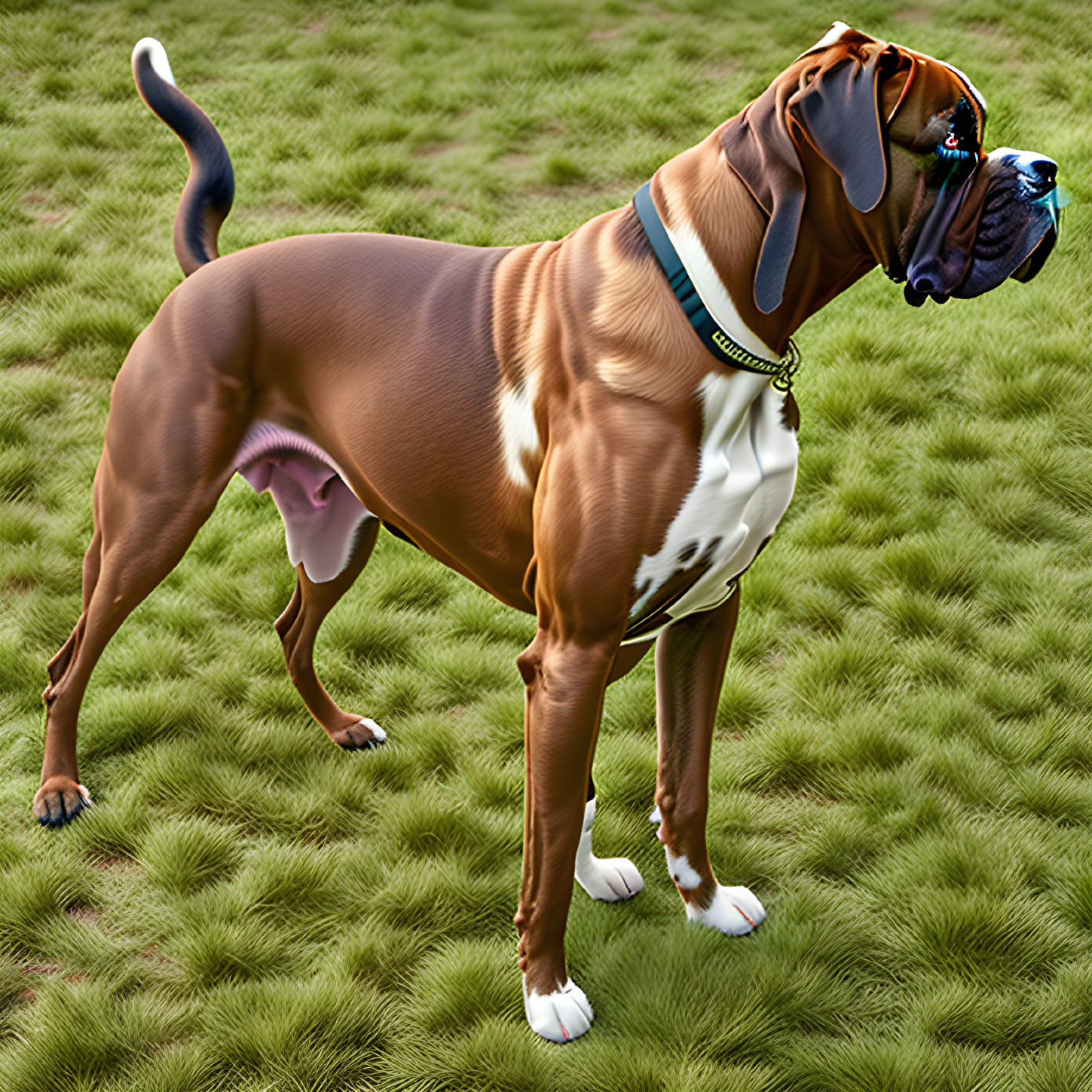 Brown and White Dog with Blue Collar Holding Blue Toy on Grass