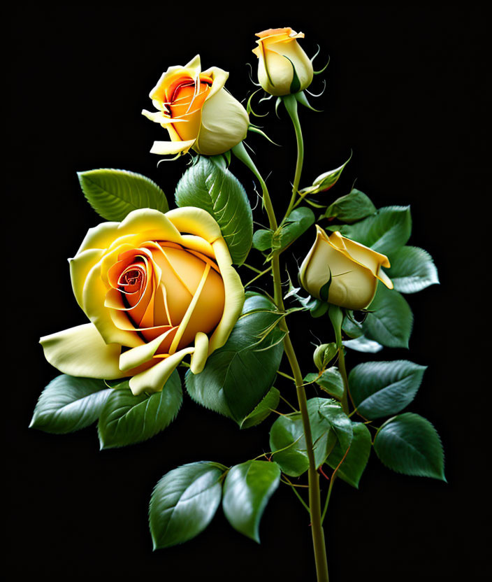 Three yellow roses in different stages of bloom on dark background