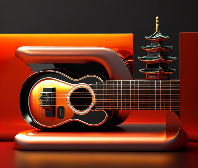 3D illustration: Acoustic guitar with pagoda in sound hole on orange background