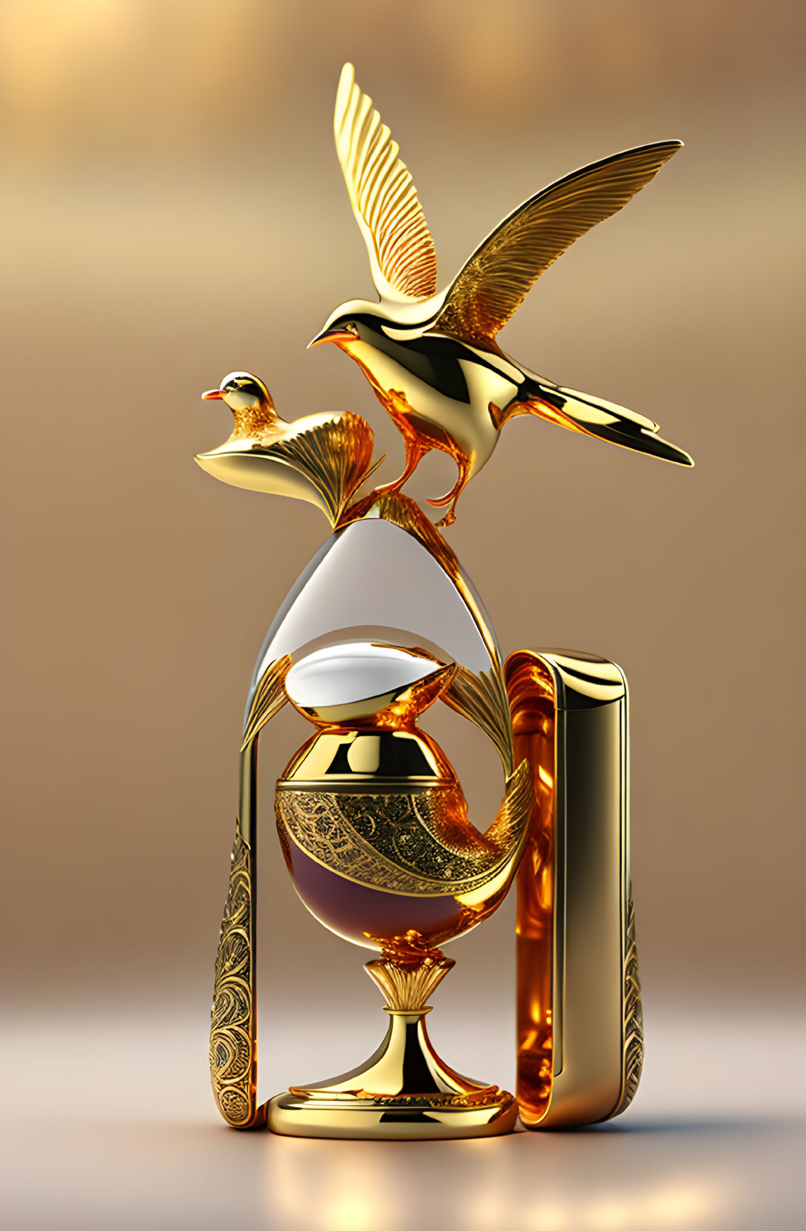 Detailed 3D golden hourglass with birds and swirling patterns on warm backdrop