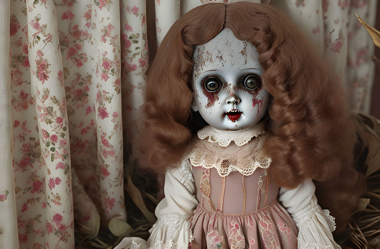 Spooky doll with large eyes and vampire-like teeth in front of floral curtains