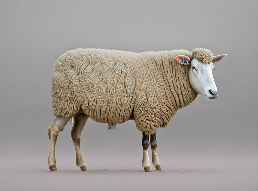 Thick-fleeced sheep with ear tags on neutral background