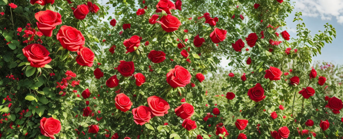 Vibrant red roses in lush garden panorama