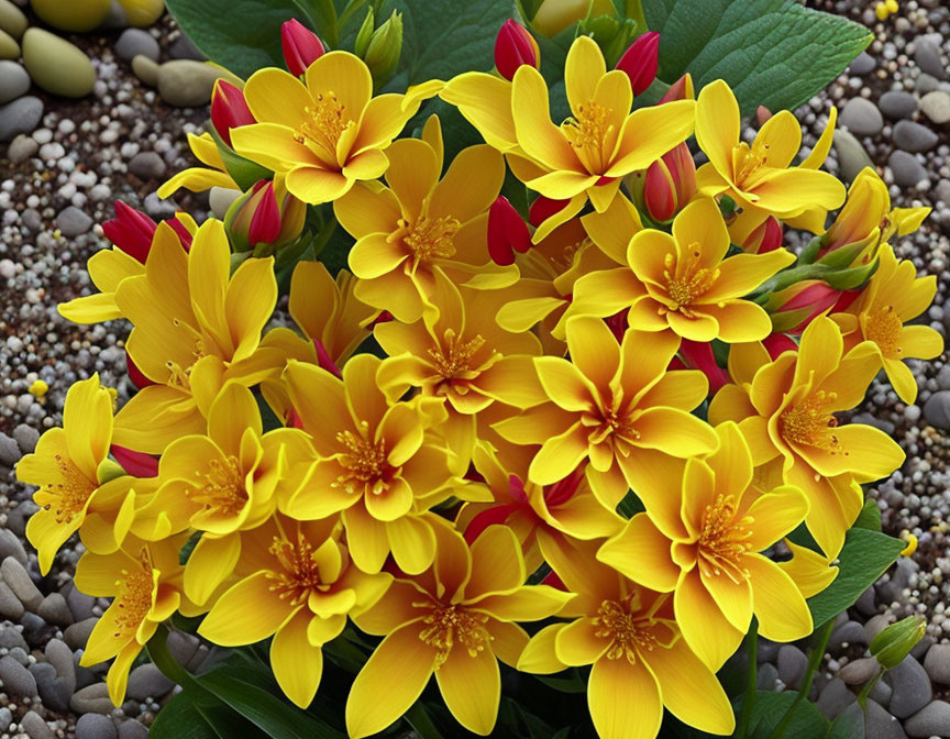 Yellow Flowers with Red Accents Among Smooth Pebbles