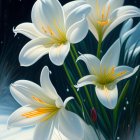 White lilies with yellow stamens in a serene garden setting