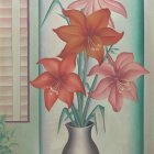 Pink lilies bouquet in brown vase with white flowers and green foliage by window