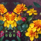 Colorful orange and yellow flowers with green leaves on soft purple backdrop