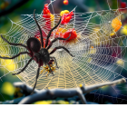 Black-suited character with spider motif on vibrant floral web.