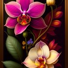 Colorful pink and peach flowers in ornate golden frame on dark background