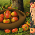 Red and Yellow Apples in Wicker Baskets with Coconuts and Foliage