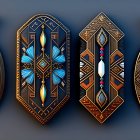 Bronze-toned enamel pendants with dangling elements on blue background