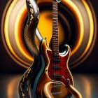 Electric Guitar with Coiled Snake on Golden Patterned Backdrop