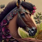 Stately horse with ornate bridle in green leaf backdrop