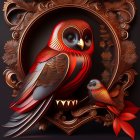 Stylized red bird in ornamental frame with foliage motifs