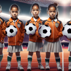 Five young female soccer players in orange uniforms on field with stadium lights