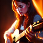 Woman playing acoustic guitar in warm dramatic lighting