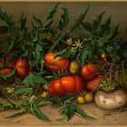 Still Life Painting: Pumpkins, Decorative Bowl, Greenery in Warm Palette