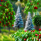 Ripe Mangoes and Blue-Purple Pine Trees in Vibrant Orchard