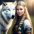 Fantasy art of woman with braided hair and wolf in mystical forest