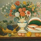 Colorful still life painting with fruits, flowers, and rural landscape