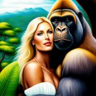 Blonde woman and gorilla in jungle with mountain background