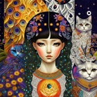 Detailed Illustration of Woman with Floral Hair Adornments and Cats in Cosmic Setting