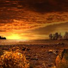 Scenic sunset with golden hues on water and rocky shores