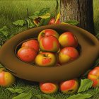 Ripe red apples in wicker basket among fallen fruit and green foliage