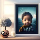 Child with Curly Hair and Blue Eyes Beside Blue Flower in Vase