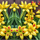 Bright yellow and orange floral arrangement on wooden background