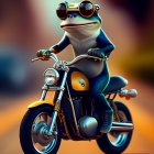 Stylized frog in black jacket and sunglasses riding motorcycle