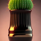 Green cactus with sharp spines in black and white pot on gradient backdrop