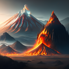 Digital landscape: Volcano eruption with lava flows in desert setting