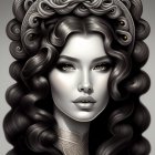 Digital artwork: Woman with voluminous brown hair, adorned with gemstone crown and choker.