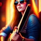 Young woman in sunglasses holding guitar at sunset with urban backdrop