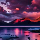 Scenic sunset over calm lake with silhouetted mountains