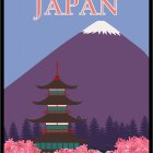 Poster: Multi-tiered pagoda, Mount Fuji, cherry blossoms at night