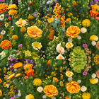 Colorful Floral Pattern with Orange and Red Roses on Foliage Background