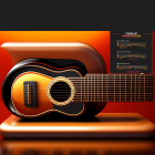 Stylized guitar with retro radio on orange background