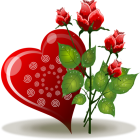 Colorful digital artwork: Red heart, pink roses, green leaves on black background