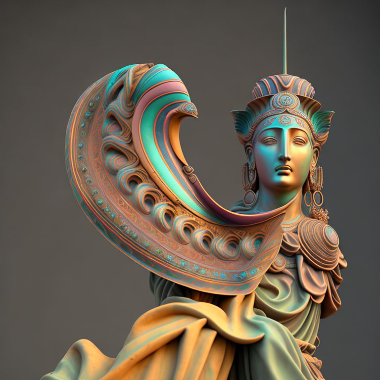 Stylized female sculpture with ornate helmet and pastel draped clothing