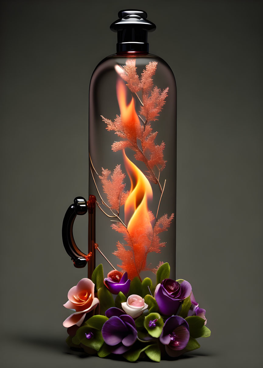 Artistic Flame Design Water Bottle Surrounded by Colorful Flowers