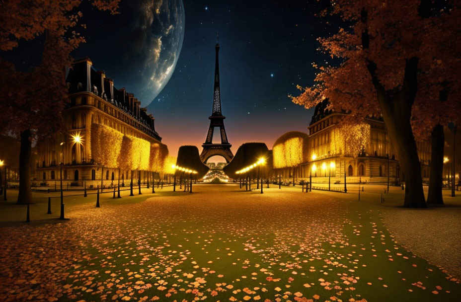 Nighttime view of illuminated Eiffel Tower with moon, trees, fallen leaves