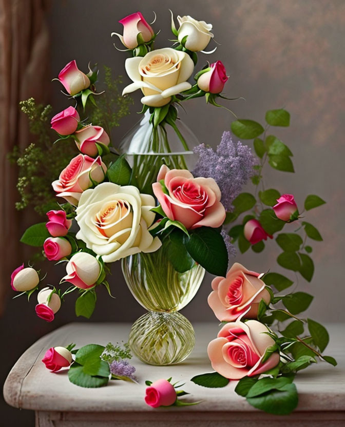 Pink and Cream Roses Bouquet with Purple Accents in Glass Vase