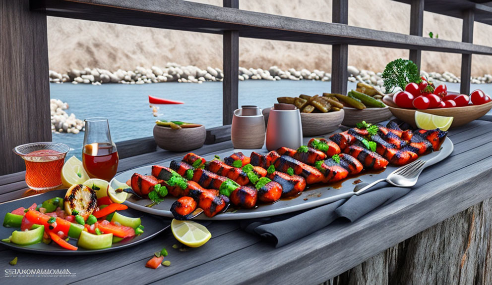 Grilled skewers platter with vegetables, meat, salads, sauces, and drinks by tranquil waterfront