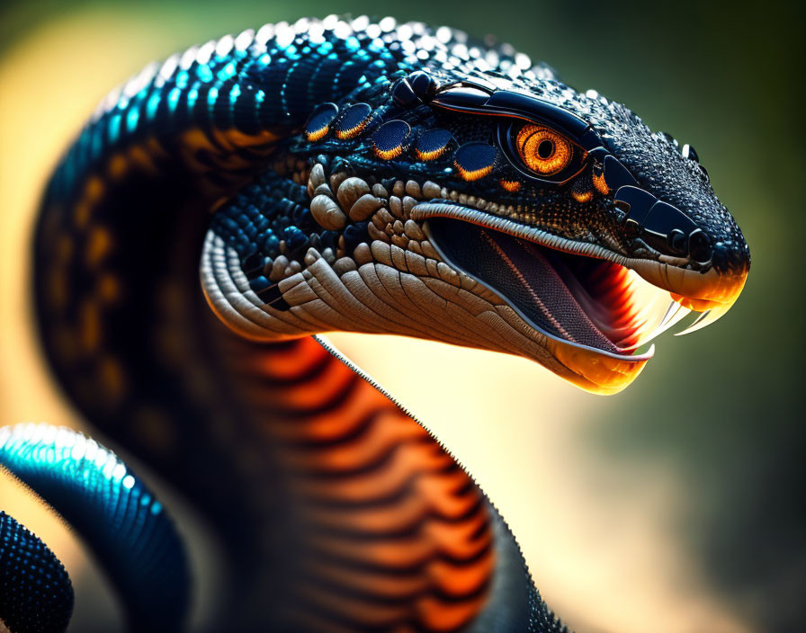 Vibrant blue and orange snake with open mouth and intense eyes